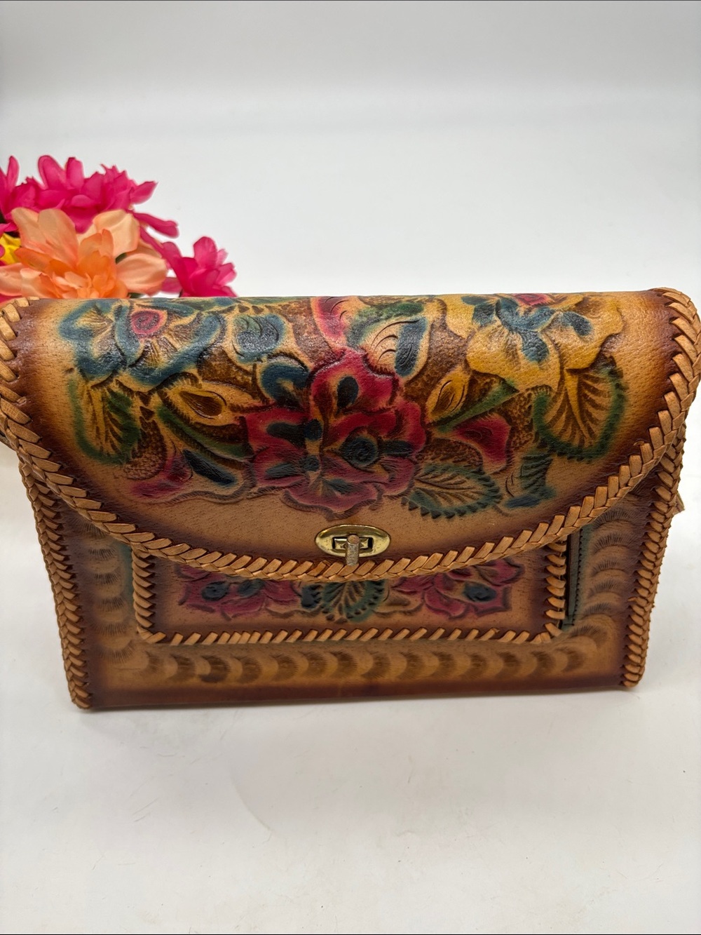 Vintage Mexican Hand-Tooled Floral Leather Crossbody Bag - Tan Multicolor Floral - Picture 2 of 14